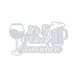 Aluminum wall sign with the phrase 'It's 5 O'Clock Somewhere', featuring a beer mug and a wine glass cut-out design. The sign has a stylized, precise cut lettering with a metallic finish against a black background.